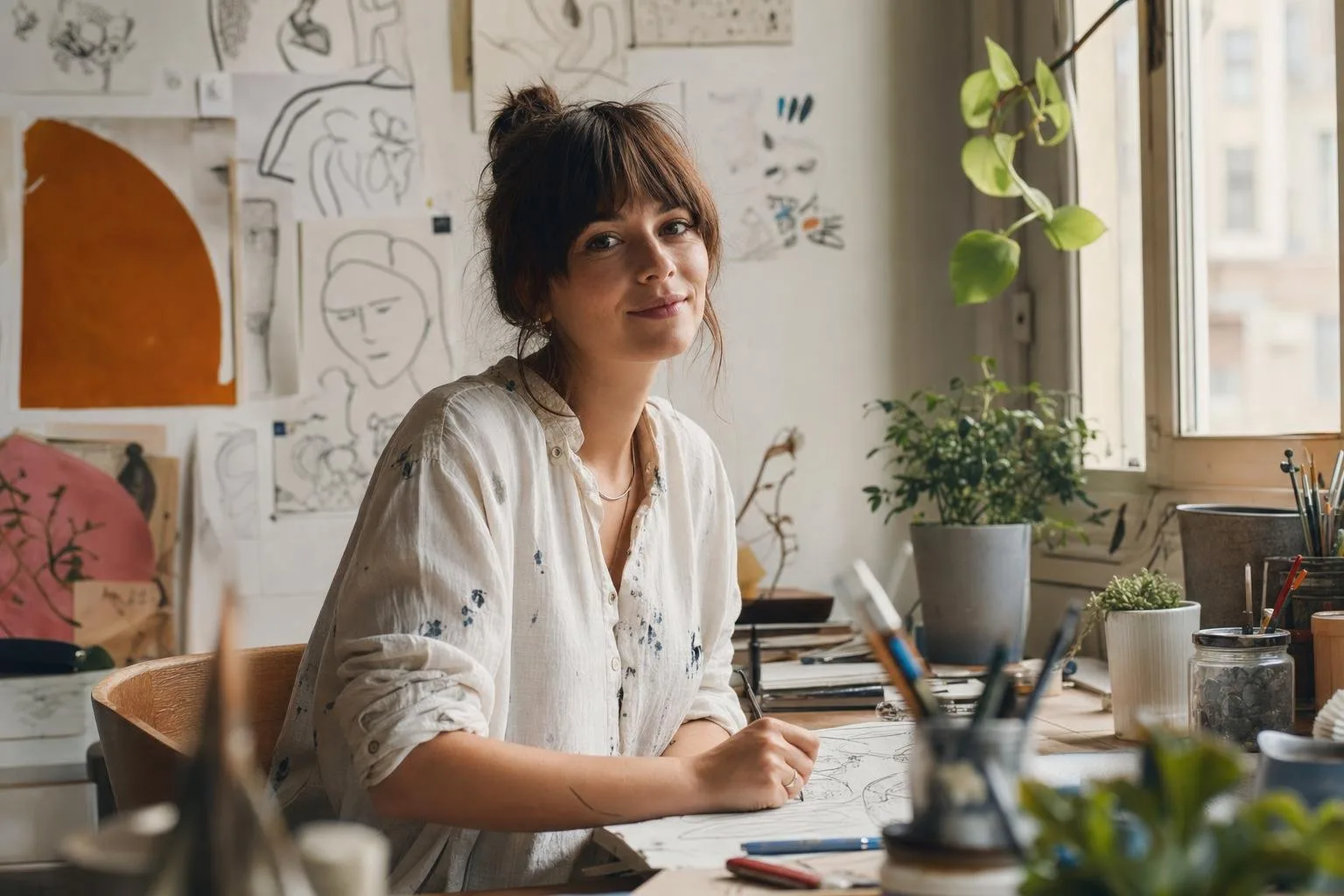 A bright studio with sketches pinned to the wall