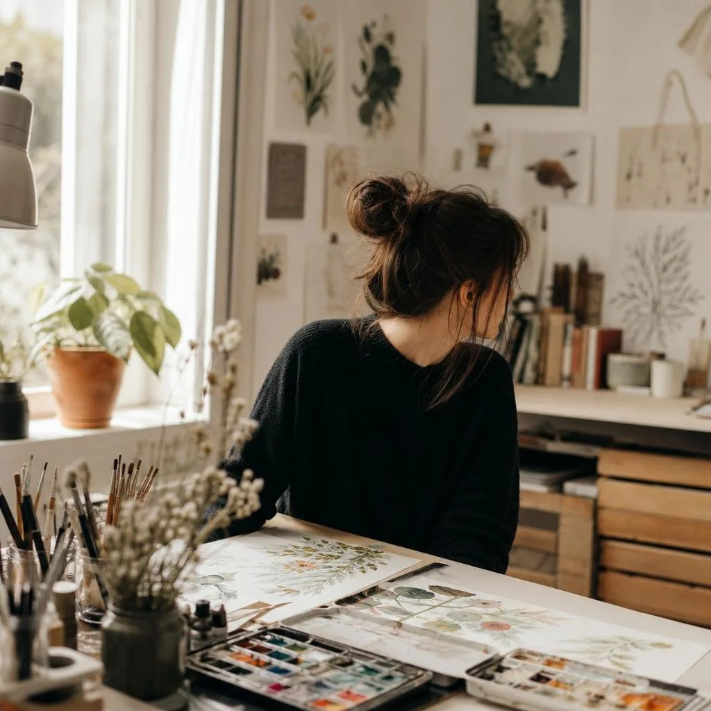 A tidy illustration desk with paints and brushes
