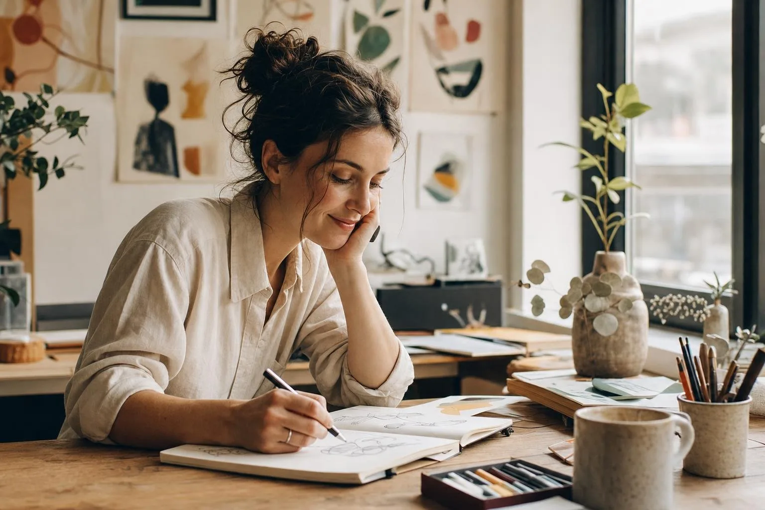 An illustrator's bright, playful studio desk